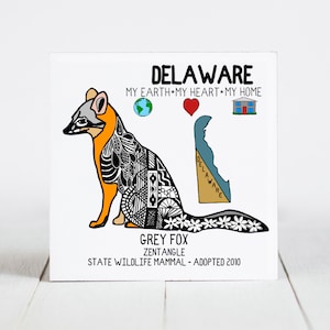 Ceramic Coaster, Delaware, State Symbols, Grey Fox, Zentangle. Ceramic tile, coaster, Decorative Art, Home, Gifts, 3 Variations image 1