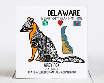 Ceramic Coaster, Delaware, State Symbols, Grey Fox, Zentangle. Ceramic tile, coaster, Decorative Art, Home, Gifts, 3 Variations