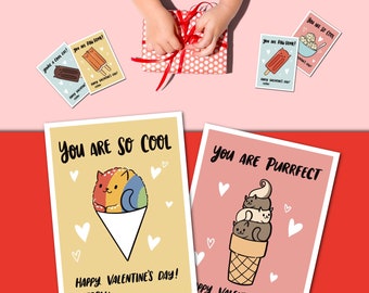 Instant Download Printable DIY Cool Cat Valentine's Day Cards Kids Classroom School Cats Valentine Card or Tag Valentine Cards Kittens Cute