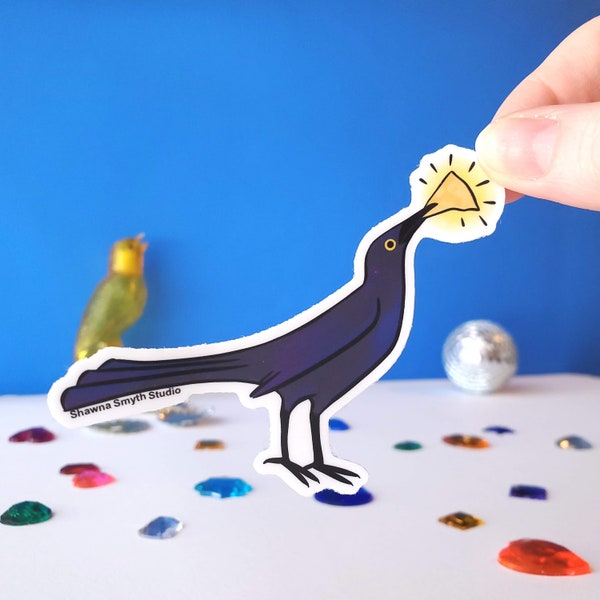 Grackle Vinyl Sticker - funny grackle with food sticker, bird sticker, bird gift, modern bird sticker, austin bird sticker, cool bird art