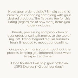 May include: Text on a cream-colored background. The text describes priority processing and production of an order, ongoing communication, and shipping via USPS Express.