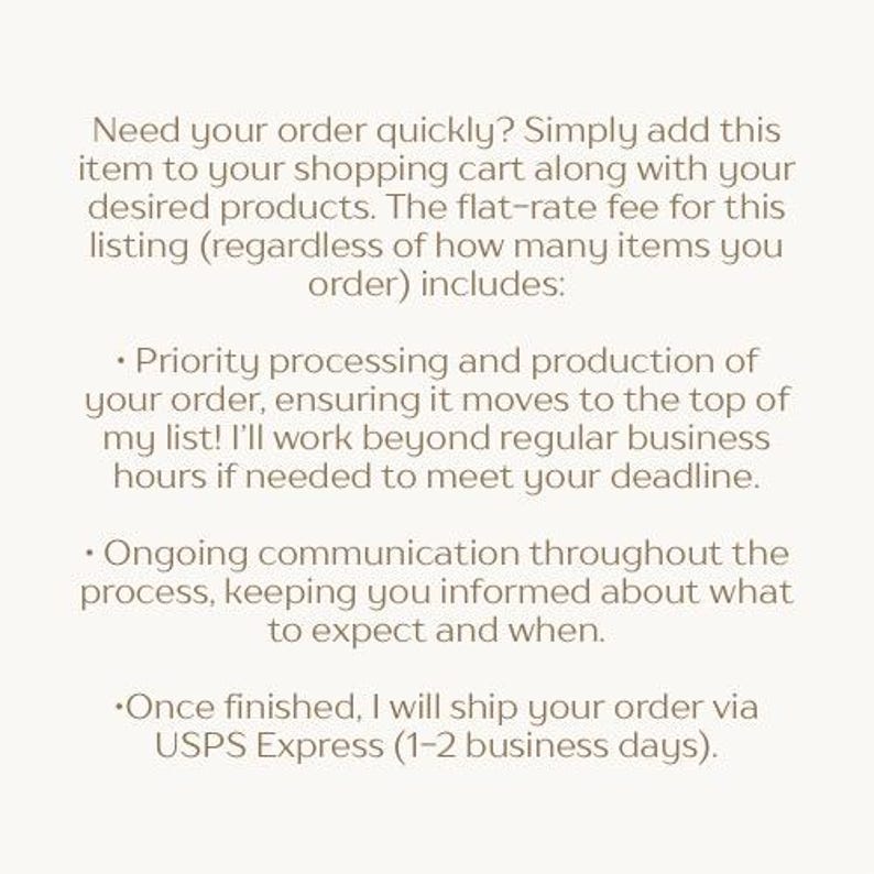May include: Text on a cream-colored background. The text describes priority processing and production of an order, ongoing communication, and shipping via USPS Express.