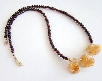 Collar de puesta del sol, collar de citrino grueso, joyería Citrine Nugget, collar de cuentas de granate, joyería de piedra cruda, joyería natural, collar Boho