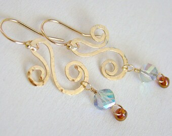 Gold Vines Earrings, Gold Filigree Crystal Earrings, Hammered Gold Earrings, Crystal Gold Drop Earrings