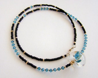 Collar Wailea, collar de perlas de cristal de lámpara de color turquesa, collar de cristal Deal Swarovski, collar de cristal negro amarillo azul largo con cuentas
