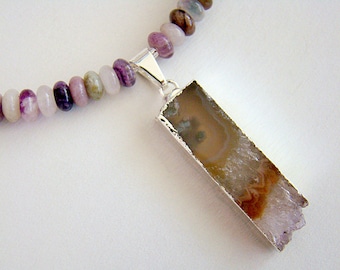 Amethyst Rainbow Necklace, Amethyst Geode Slice Pendant, Colorful Fluorite Bead Necklace, Raw Stone Jewelry, Natural Jewelry