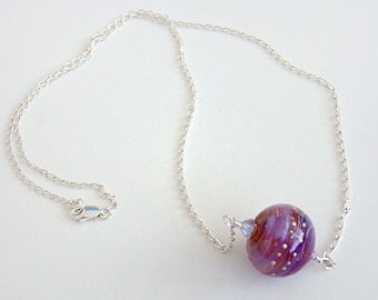 Nebula Necklace, Purple Silver Lampwork Glass Bead Pendant, Purple Lampwork Glass Silver Chain Necklace, Boho Jewelry, Women's Gift