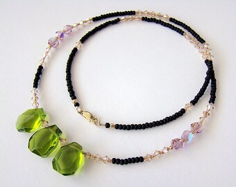 Upcountry Necklace, Olive Quartz Necklace, Green Quartz Swarovski Crystal Necklace, Seed Bead Necklace, Boho Jewelry