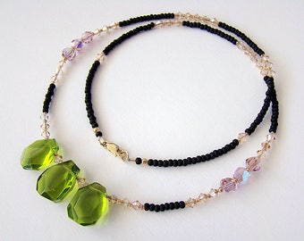 Collar Upcountry, Collar de Cuarzo Oliva, Collar de Cristal Swarovski de Cuarzo Verde, Collar de Cuentas de Semillas, Joyería Boho