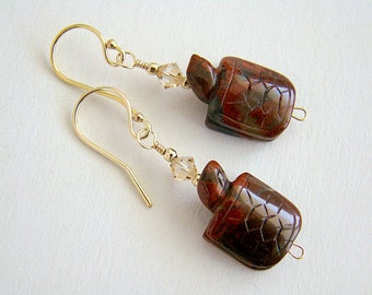 Longevity Earrings, Red Jasper Turtle Earrings, Carved Jasper Turtle Beads, Brecciated Jasper Earrings, Red Poppy Jasper, Gold Drop Earrings