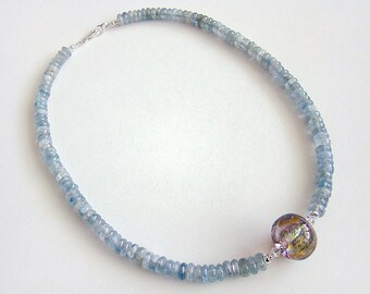 Mist Necklace, Kyanite Bead Necklace, Lampwork Dichroic Glass Bead Necklace, Calvin Orr Lampwork Glass Silver Necklace