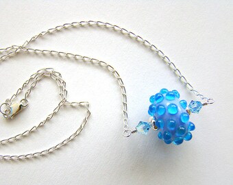 Splash Necklace, Blue Lampwork Glass Bead Chain Necklace, Blue Bead Silver Chain Necklace, Boho Jewelry, Kawaii Style