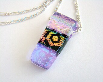 Hot Color Necklace, Pink Blue Fused Dichroic Glass Pendant, Colorful Dichroic Glass Silver Chain Necklace, Made in Hawaii Glass Necklace