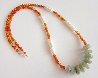 Hong Kong Necklace, Green Jade White Pearl Carnelian Necklace, Jade Pearl Carnelian Long Beaded Necklace