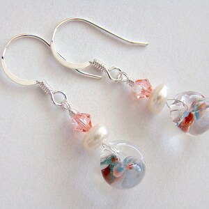 Garden Memories Earrings, Colorful Lampwork Glass Drop Earrings, Lampwork Glass and Pearl Silver Earrings, Cute Glass Earrings, Kawaii