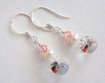 Garden Memories Earrings, Colorful Lampwork Glass Drop Earrings, Lampwork Glass and Pearl Silver Earrings, Cute Glass Earrings, Kawaii