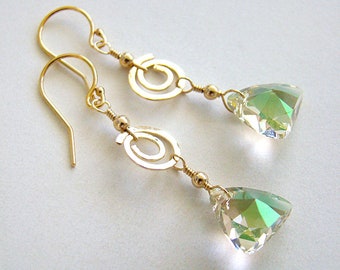 Reflections Earrings, Luminous Green Swarovski Crystal Earrings, Green Gold Crystal Filigree Earrings, Hammered Gold Drop Earrings