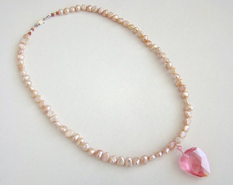 Sophisticated Primitive Necklace, Pink Swarovski Crystal Pendant, Pink Pearl Necklace, Boho Style Pearl Necklace