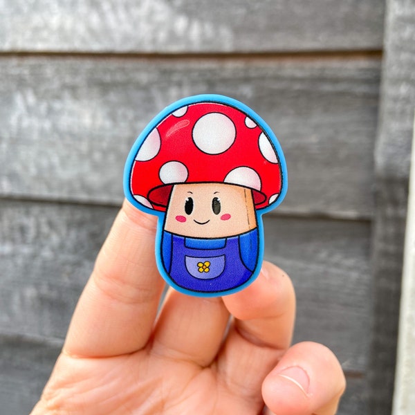 Red Mushroom Blue Dungarees Plushie Acrylic Pin | Cottagegore, accessories, mushies, gift, nature, fungi,