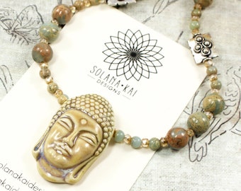Buddha Necklace - Aqua Terra Impression Jasper Gemstone Necklace - Yoga Jewelry For Women - Buddha Gemstone Jewelry - Pacific Northwest