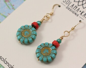 Sunflower Earrings - Gold Turquoise Blue Coral Czech Glass Flower Earrings - Floral Jewelry - Pacific Northwest