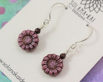 Sunflower Earrings - Sterling Silver and Pink Czech Glass Flower Bead Earrings - Floral Jewelry - Flower Drop Earrings - Pacific Northwest