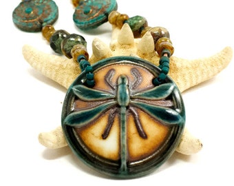 Porcelain Dragonfly Pendant Necklace - Artisan Czech Glass Jewelry
