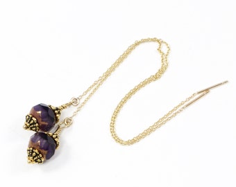 Threader Earrings - Gold Chain Earrings - Minimalist Earrings - Lightweight Earrings - Purple Czech Glass Earrings - Pacific Northwest