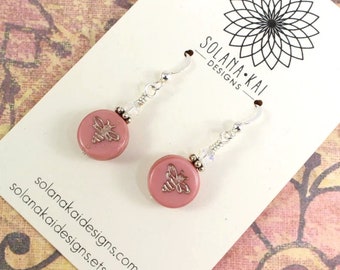 Honey Bee Earrings - Pink Silver Swarovski Crystal Bee Earrings - Dangle Earrings - Bee Jewelry  - PNW