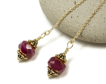 Gold Filled Threader Earrings – Raspberry Czech Glass Dangle