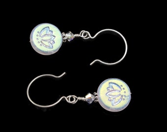White Lotus Flower Earrings - Spritiual Jewelry - Yoga Jewelry - Floral White Silver Crystal Dangle Earrings - Pacific Northwest