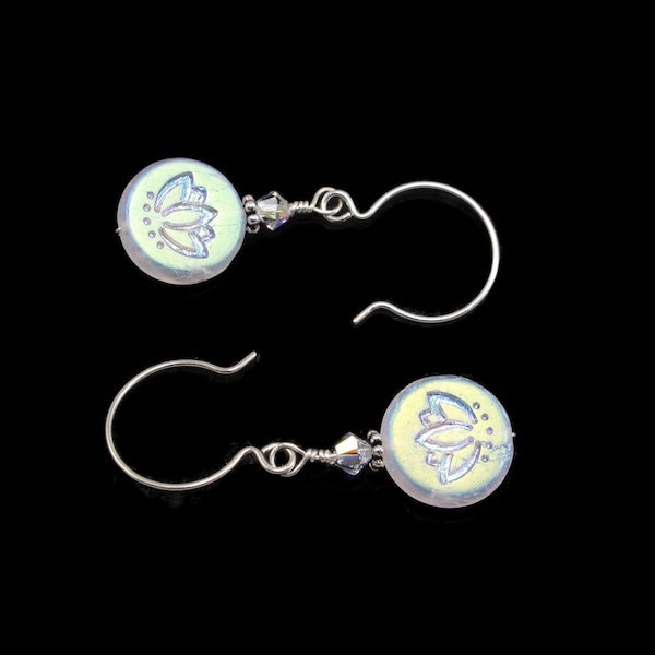 White Lotus Flower Earrings - Spritiual Jewelry - Yoga Jewelry - Floral White Silver Crystal Dangle Earrings - Pacific Northwest