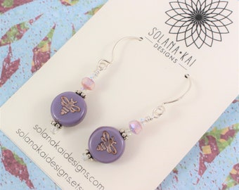 Honey Bee Earrings - Purple Silver Bee Earrings - Dangle Earrings - Bee Jewelry - PNW