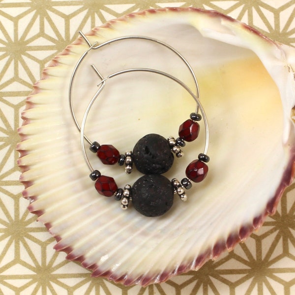 Aromatherapy Earrings - Diffuser Earrings - Lava Stone Earrings - Sterling Silver Hoop Earrings - Black Red Earrings - Pacific Northwest