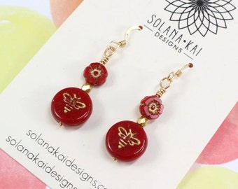 Honey Bee Earrings - Red Gold Bee Earrings - Honey Bee Jewelry - Red Dangle Earrings - Pacific Northwest