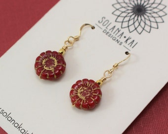 Sunflower Earrings - Gold Red Czech Glass Flower Earrings - Small Dangle Earrings - Floral Jewelry - Pacific Northwest - Bellingham WA