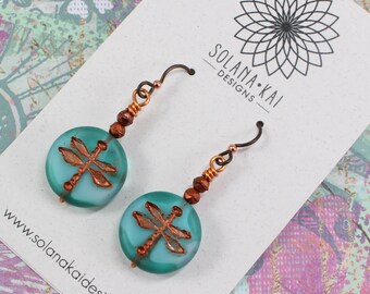 Dragonfly Earrings For Women - Nature Jewelry Gift For Her - Earrings For Sensitive Ears - Blue Copper Glass Dangle Earrings