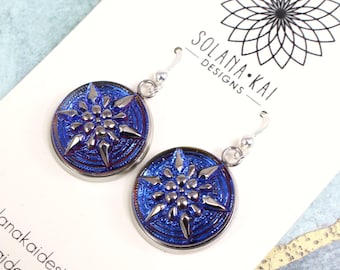 Compass Star Button Earrings - Sterling Silver Dangle Earrings - Czech Glass Button Earrings - Nautical Earrings - Dichroic Jewelry