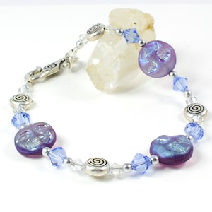 Moon Face Bracelet - Tanzanite Purple and Light Sapphire Bracelet - Celestial Czech Glass and Crystal Bracelet for Women - Pacific Northwest