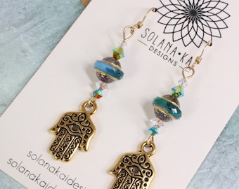 Gold Hamsa Earrings - Hand of Fatima Drop Earrings - Evil Eye Earrings - Hand Jewelry - Blue Gold Earrings For Women - Gift for Her