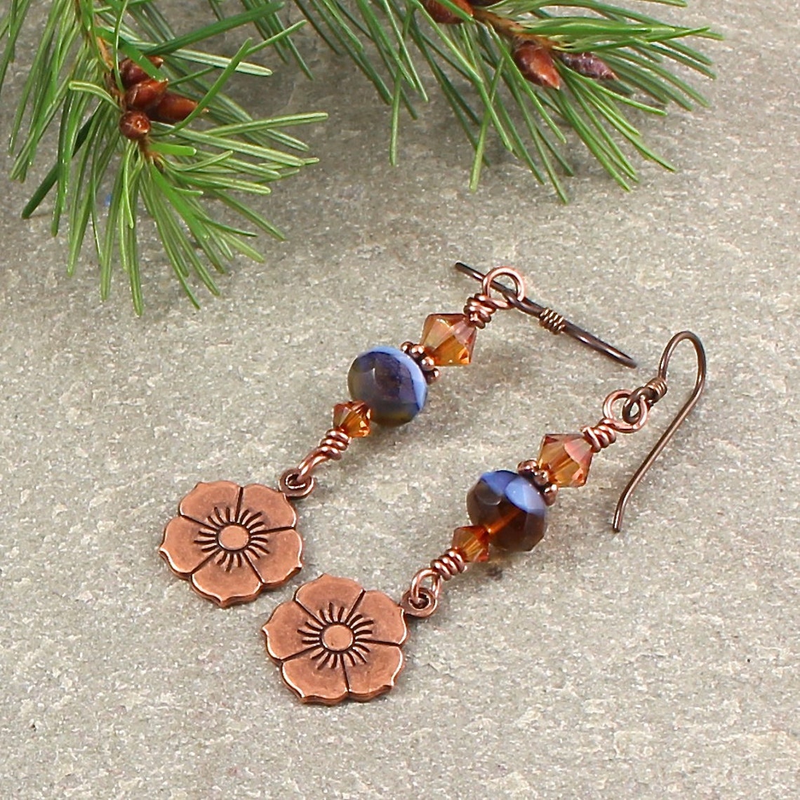 Copper Dangle Earrings Flower Charm Earrings Copper Blue Etsy