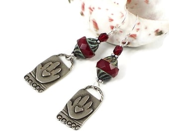 Valentine Earrings For Her - Heart in My Hand Folk Art Jewelry - Boho Valentine Gift For Her - Red Silver Earrings for Women - Romantic Gift