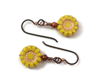 Sunflower Earrings - Copper and Yellow Czech Glass Flower Bead Earrings - Earrings For Sensitive Ears - Floral Jewelry - Pacific Northwest