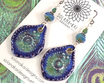 Artisan Statement Earrings - Large Boho Dangle Earrings - Unique Ceramic Charm Earrings - Silver Blue Green Earrings - For Sensitive Ears