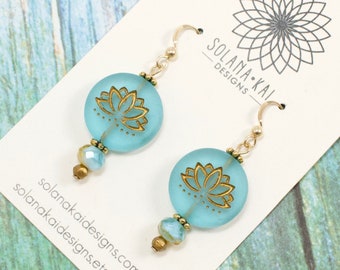 Lotus Flower Earrings - Blue Lotus Flower Jewelry -  Blue Gold Dangle Earrings - Chakra Jewelry