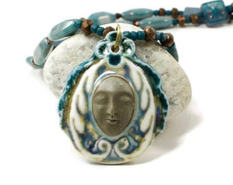 Boho Goddess Necklace - Blue Bead Necklace- Porcelain Pendant Necklace - Goddess Jewelry - Pacific Northwest