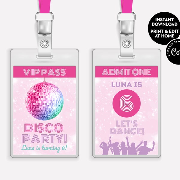 Lanyard Insert - Disco Ball Pink - Instant Edit & Download - Corjl