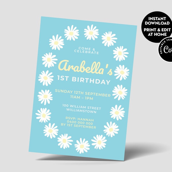 Daisy Floral First birthday Baby Girl Pretty Flowers Blue 1st 2nd 3rd 4th 5th Personalised Custom Printable Cute Invitation