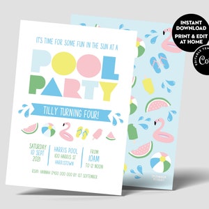 Pool Party Invite Swimming Pool Summer Birthday Invitation Custom Printable Girls Invite Bright - Corjl