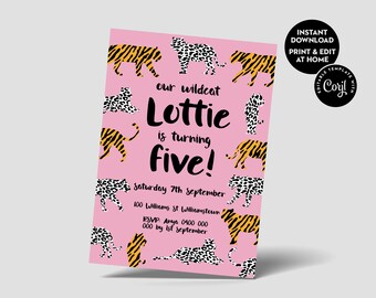 Lion Tiger Leopard Pink Party Invite Kids First birthday Personalised Custom Printable Invite - Instant Edit & Download with Corjl